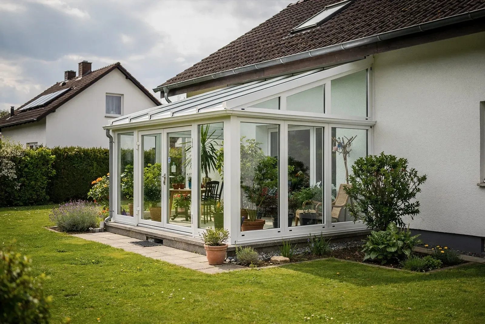Wohnwintergarten mit Glasdach und großen Fensterflächen an einem Haus in Nürnberg